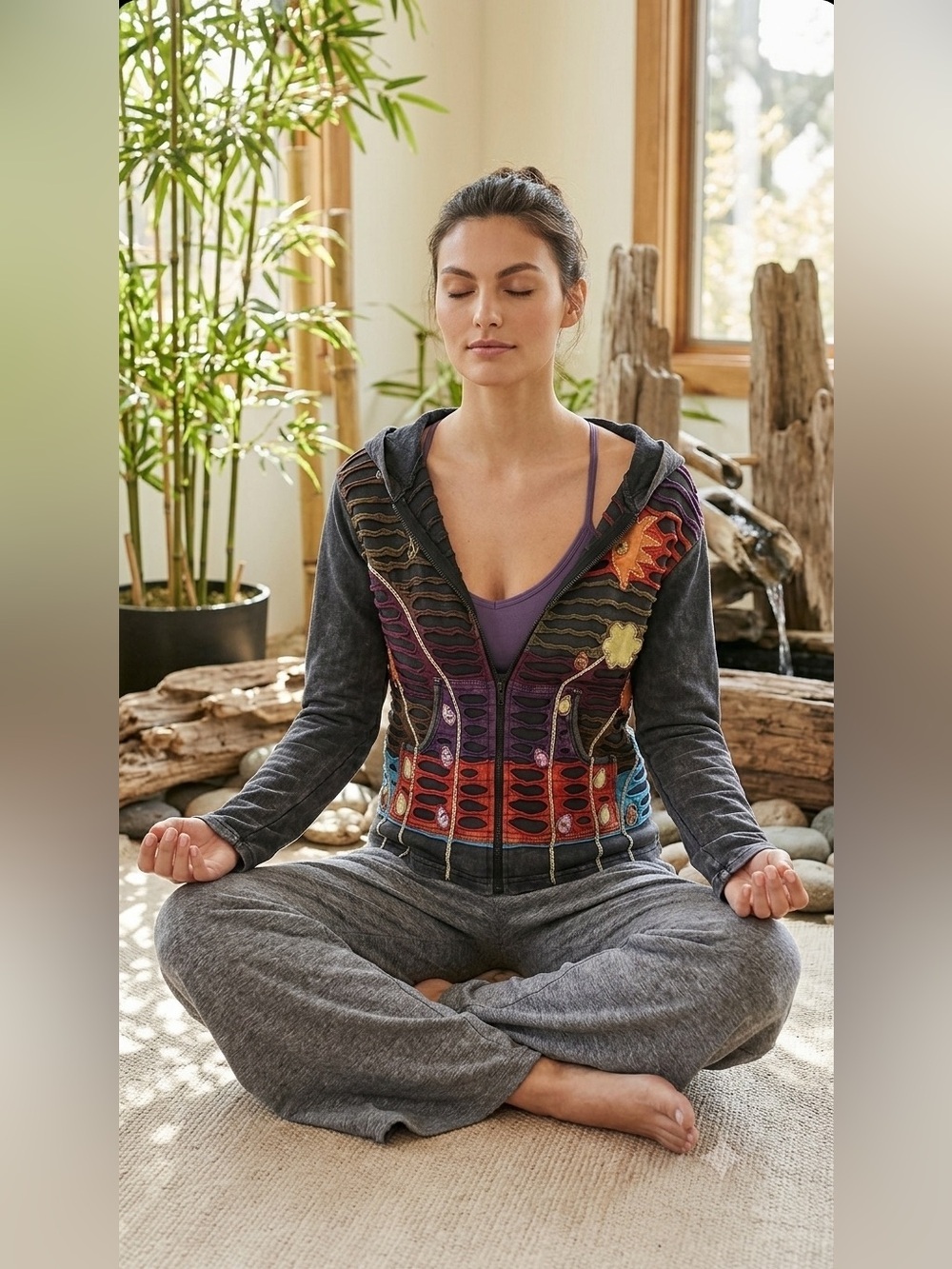 Rising Tide Sunflower Patchwork Zip Hoodie - washed gray  & Multicolor
